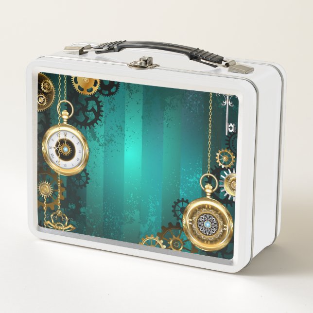 Steampunk Jewellery Watch on a Green Background Metal Lunch Box (Front)