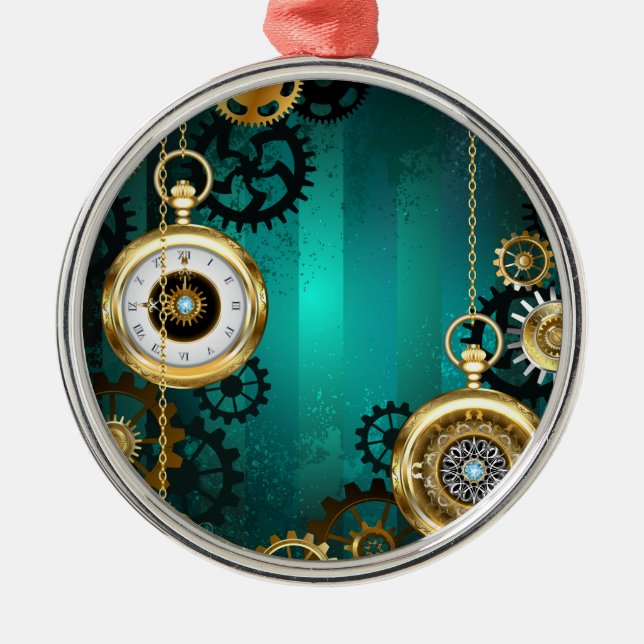 Steampunk Jewellery Watch on a Green Background Metal Ornament (Front)