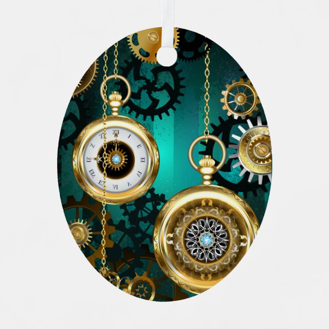 Steampunk Jewellery Watch on a Green Background Metal Ornament (Front)