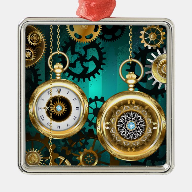 Steampunk Jewellery Watch on a Green Background Metal Ornament (Front)
