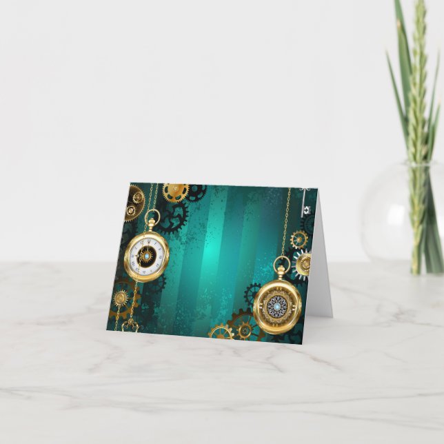Steampunk Jewellery Watch on a Green Background Note Card (Front)