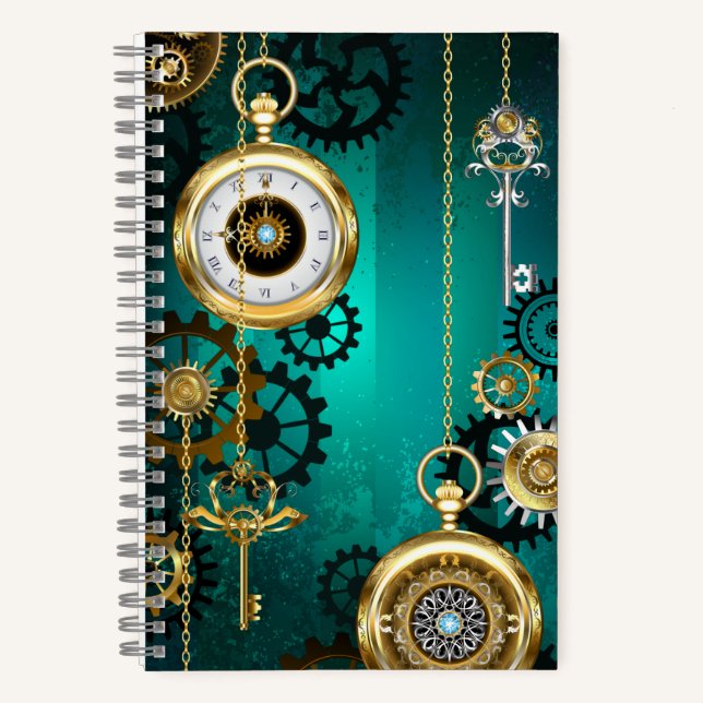 Steampunk Jewellery Watch on a Green Background Notebook (Front)