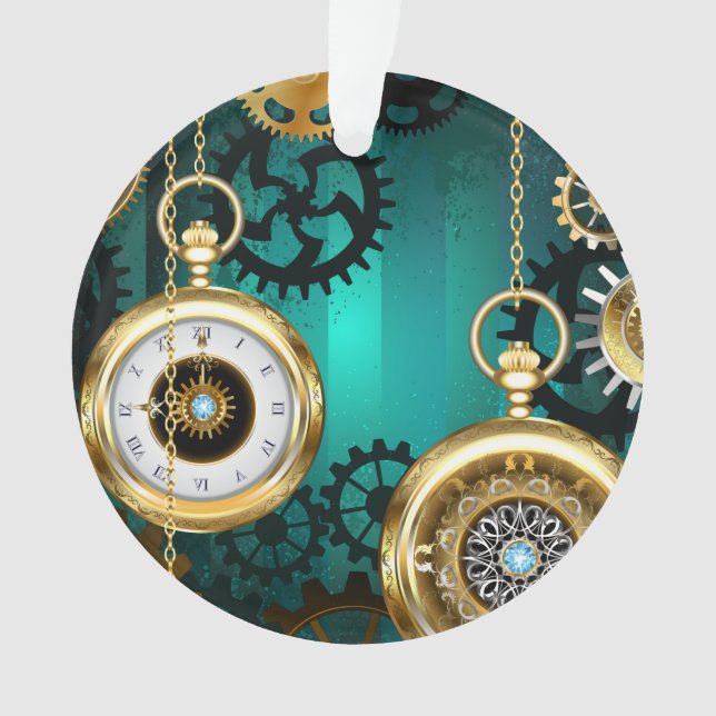 Steampunk Jewellery Watch on a Green Background Ornament (Front)