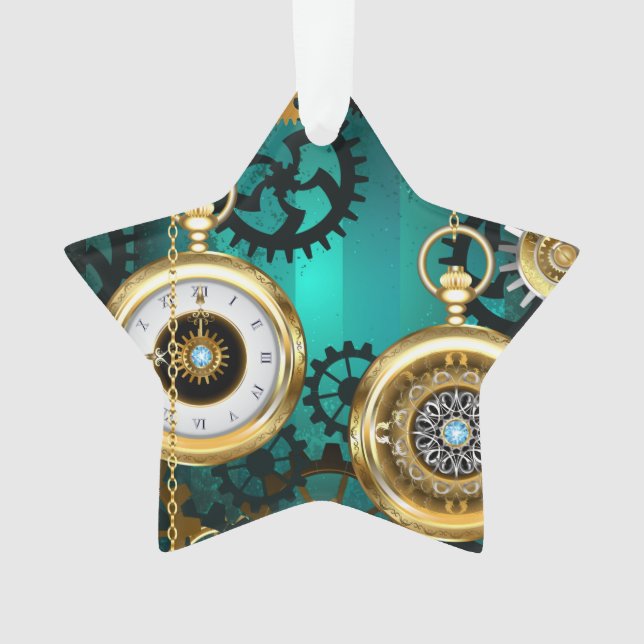 Steampunk Jewellery Watch on a Green Background Ornament (Front)