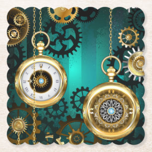 Steampunk Jewellery Watch on a Green Background Paper Coaster