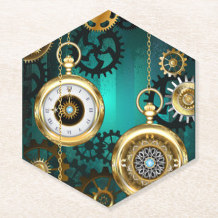 Steampunk Jewellery Watch on a Green Background Paper Coaster