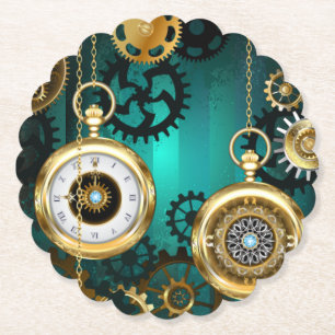 Steampunk Jewellery Watch on a Green Background Paper Coaster