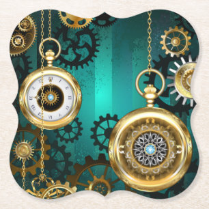 Steampunk Jewellery Watch on a Green Background Paper Coaster