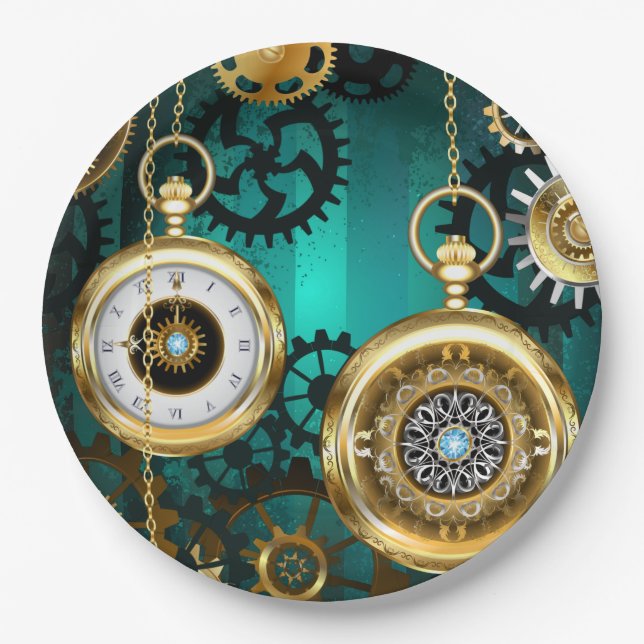 Steampunk Jewellery Watch on a Green Background Paper Plate (Front)