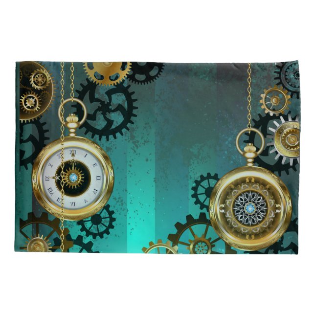 Steampunk Jewellery Watch on a Green Background Pillowcase (Back)