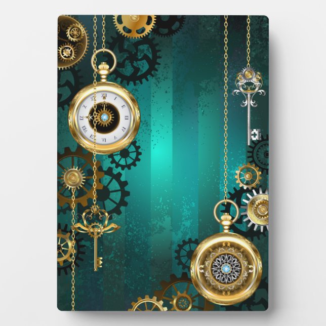 Steampunk Jewellery Watch on a Green Background Plaque (Front)