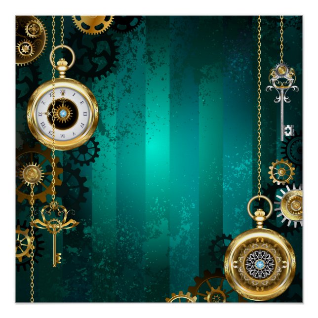 Steampunk Jewellery Watch on a Green Background Poster (Front)