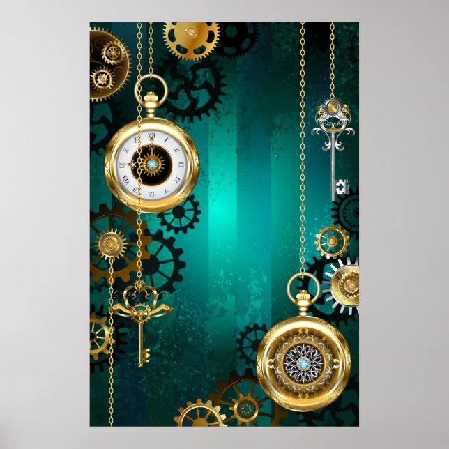 Steampunk Jewellery Watch on a Green Background Poster (Front)