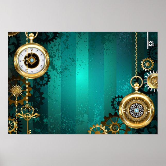 Steampunk Jewellery Watch on a Green Background Poster (Front)