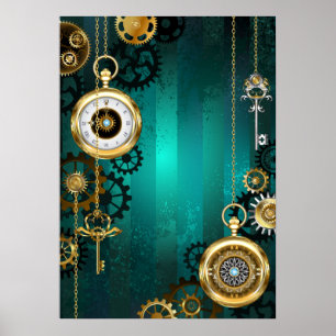 Steampunk Jewellery Watch on a Green Background Poster
