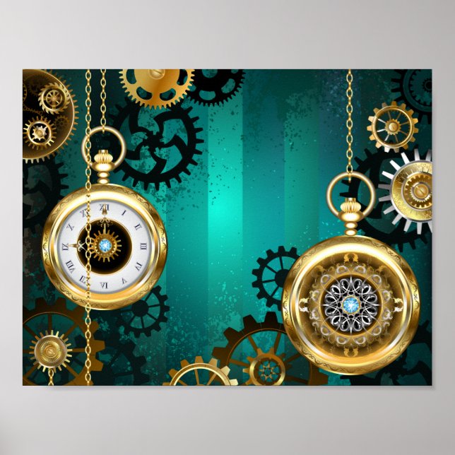 Steampunk Jewellery Watch on a Green Background Poster (Front)
