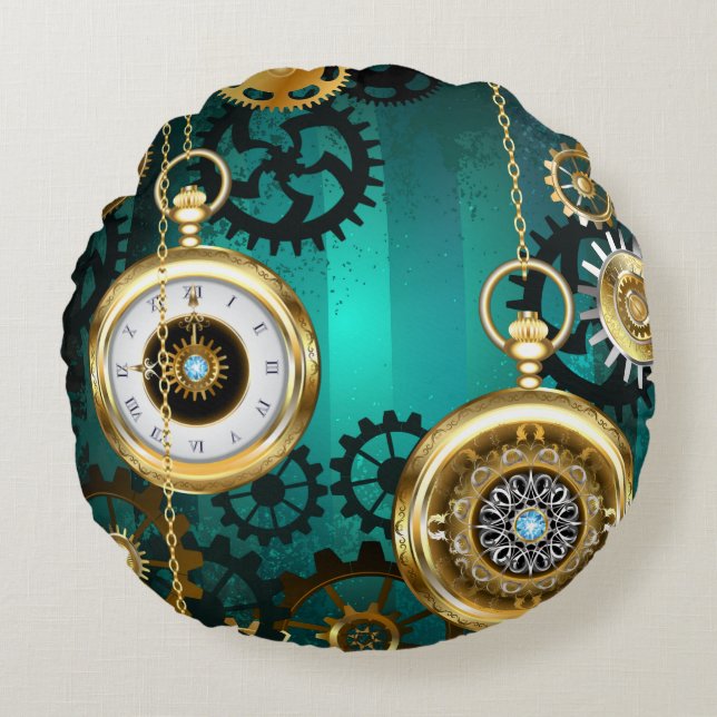 Steampunk Jewellery Watch on a Green Background Round Pillow (Front)