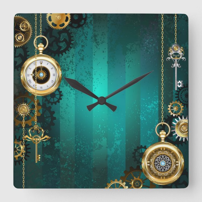 Steampunk Jewellery Watch on a Green Background Square Wall Clock (Front)