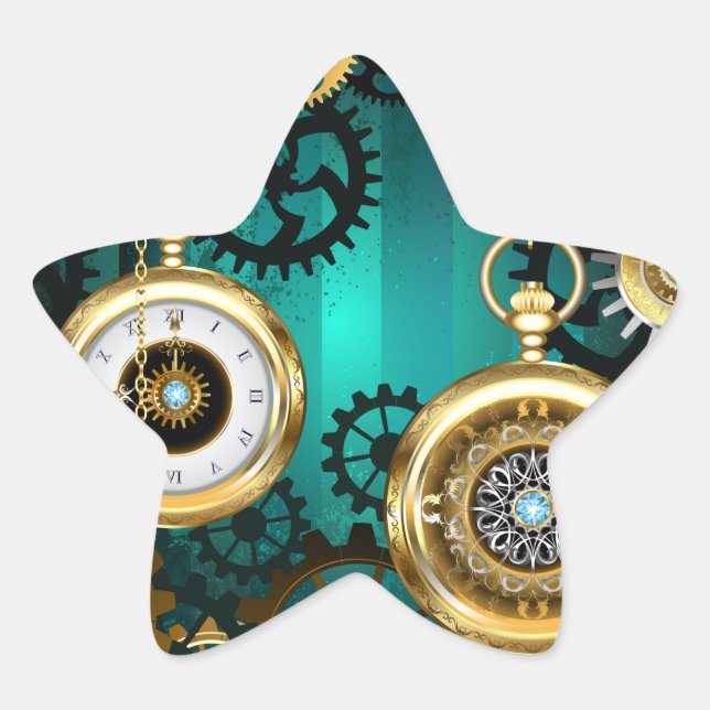 Steampunk Jewellery Watch on a Green Background Star Sticker (Front)