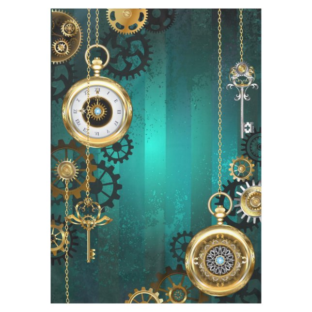 Steampunk Jewellery Watch on a Green Background Tablecloth (Front)