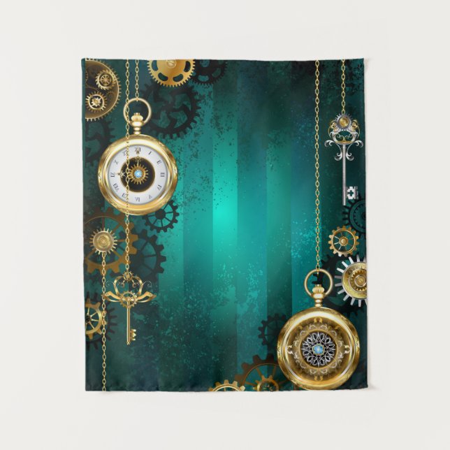 Steampunk Jewellery Watch on a Green Background Tapestry (Front)