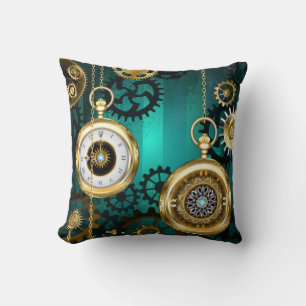 Steampunk Jewellery Watch on a Green Background Throw Pillow