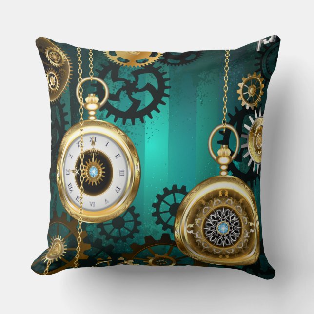 Steampunk Jewellery Watch on a Green Background Throw Pillow (Front)