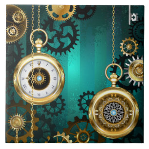 Steampunk Jewellery Watch on a Green Background Tile