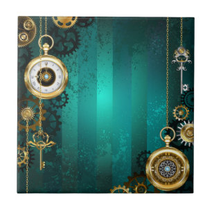 Steampunk Jewellery Watch on a Green Background Tile