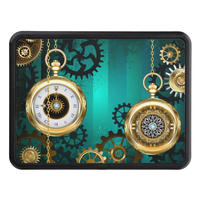 Steampunk Jewellery Watch on a Green Background Trailer Hitch Cover (Front)