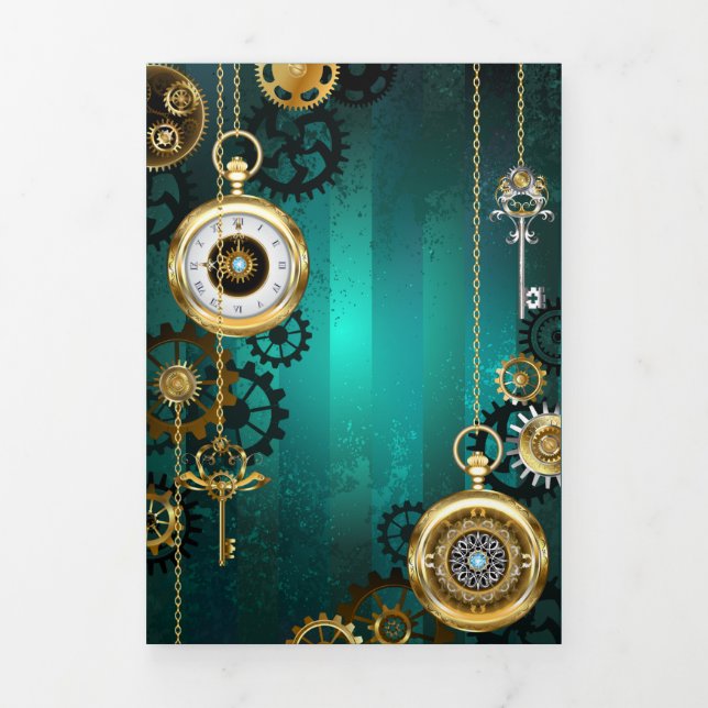 Steampunk Jewellery Watch on a Green Background Tri-Fold Announcement (Cover)