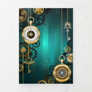 Steampunk Jewellery Watch on a Green Background Tri-Fold Card