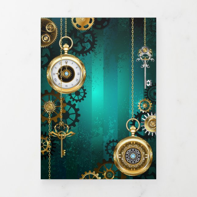 Steampunk Jewellery Watch on a Green Background Tri-Fold Card (Cover)