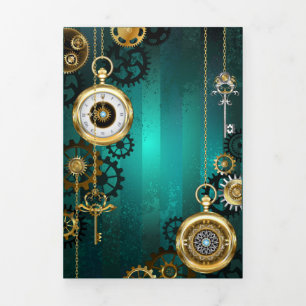 Steampunk Jewellery Watch on a Green Background Tri-Fold Holiday Card