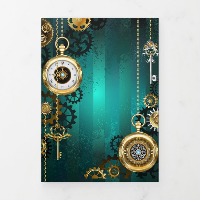 Steampunk Jewellery Watch on a Green Background Tri-Fold Invitation (Cover)