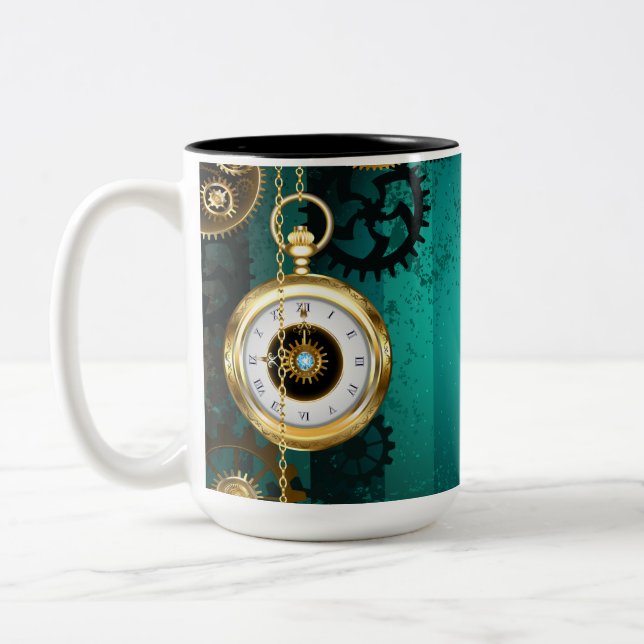 Steampunk Jewellery Watch on a Green Background Two-Tone Coffee Mug (Left)