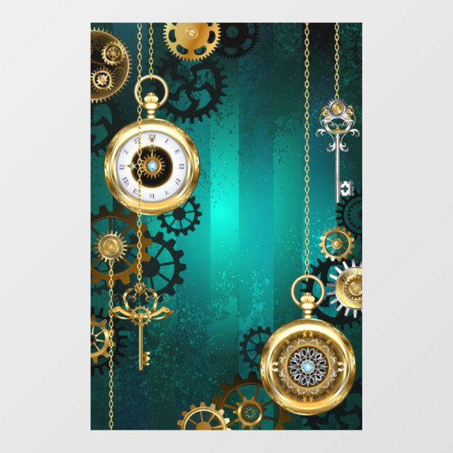 Steampunk Jewellery Watch on a Green Background Window Cling (Sheet)