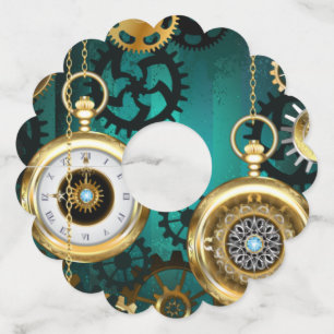 Steampunk Jewellery Watch on a Green Background Wine Glass Tag