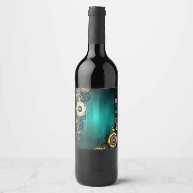 Steampunk Jewellery Watch on a Green Background Wine Label (Front)