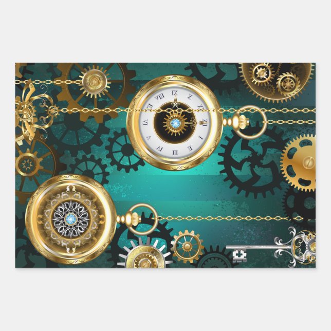 Steampunk Jewellery Watch on a Green Background Wrapping Paper Sheet (Front)