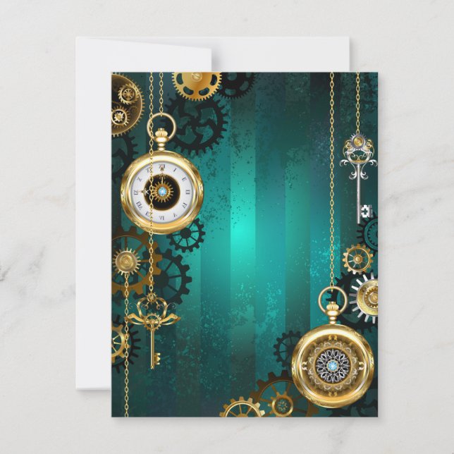 Steampunk Jewelry Watch on a Green Background Card (Front)