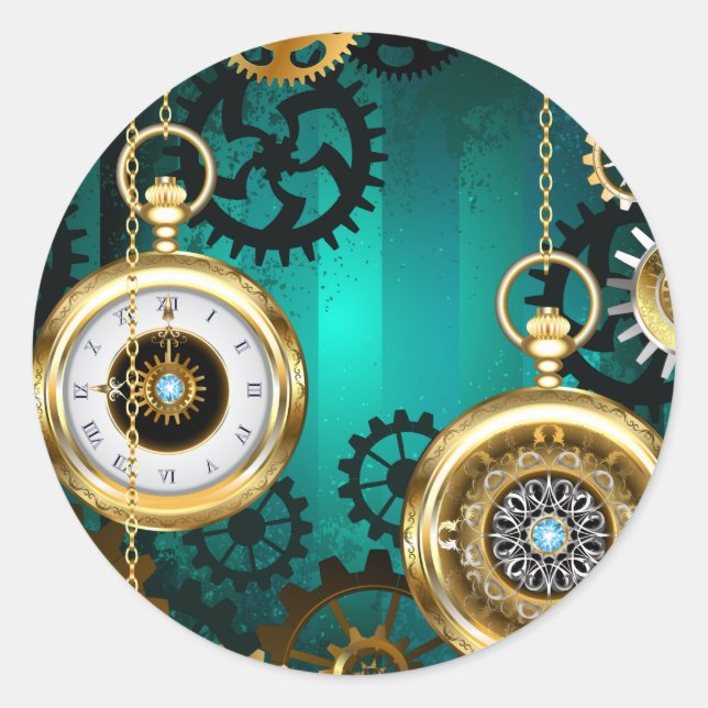 Steampunk Jewelry Watch on a Green Background Classic Round Sticker (Front)