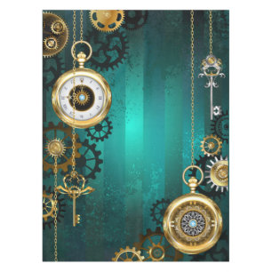 Steampunk Jewelry Watch on a Green Background Tablecloth