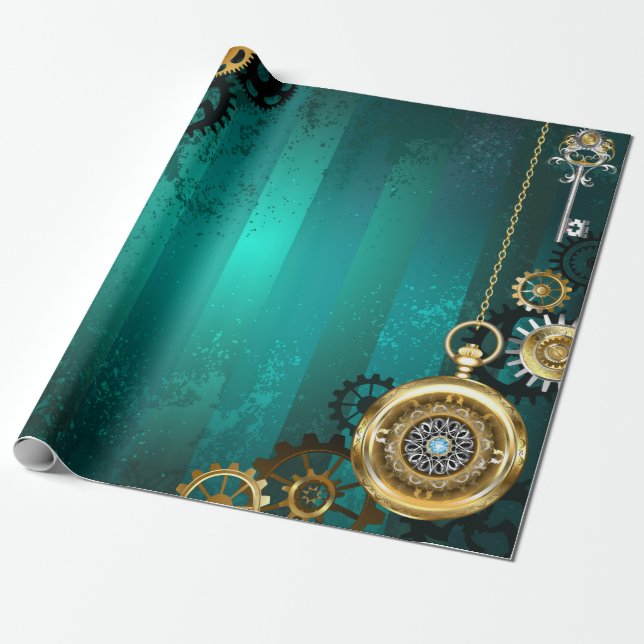Steampunk Jewelry Watch on a Green Background Wrapping Paper (Unrolled)