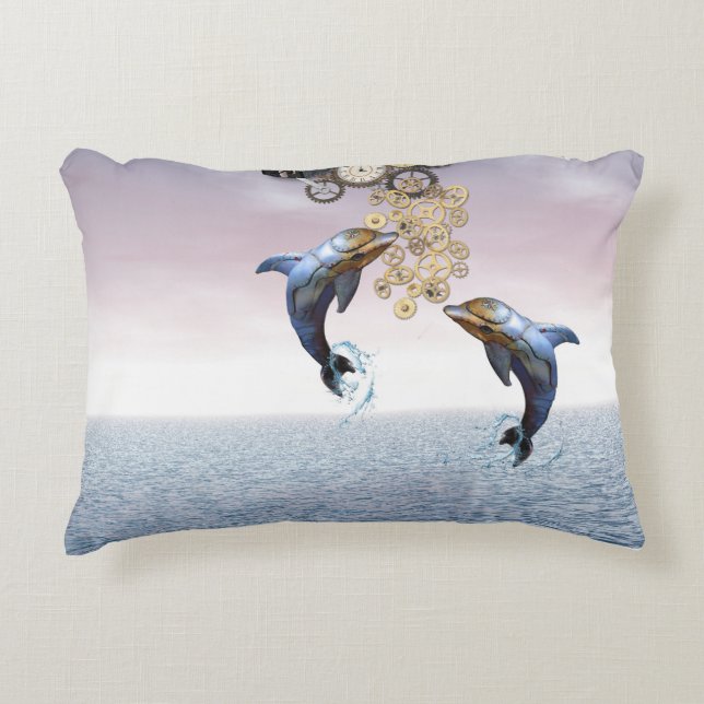 Steampunk jumping dolphins decorative pillow (Front)