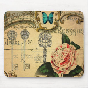steampunk keys modern vintage pink flower camellia mouse pad