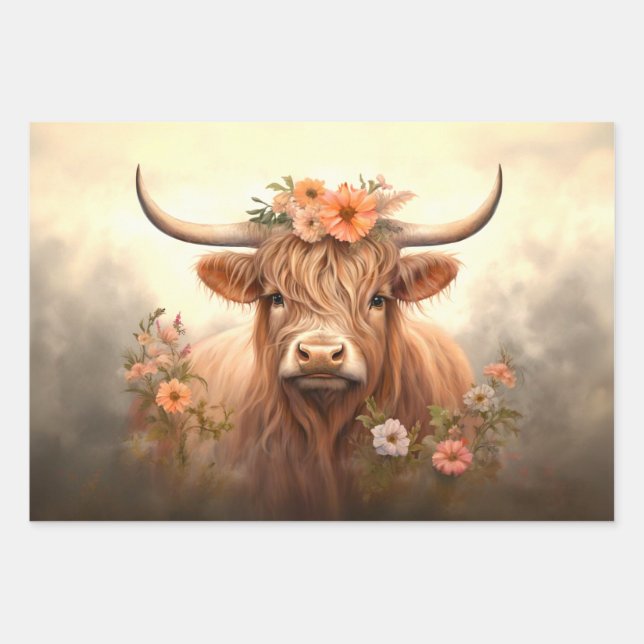 Steampunk Kitten, Fox Royal King, Highland Cow Wrapping Paper Sheet (Front 3)