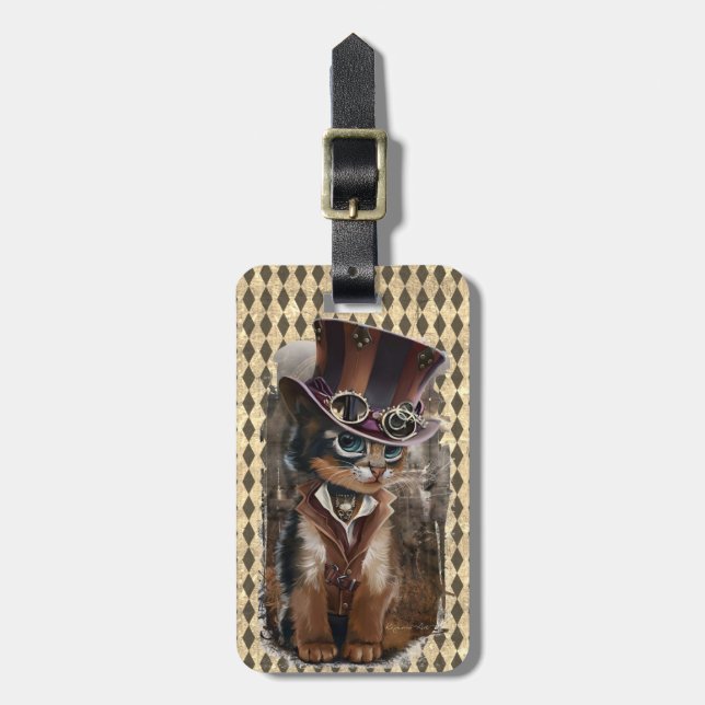 Steampunk Kitty Customizable Luggage Tag (Front Vertical)