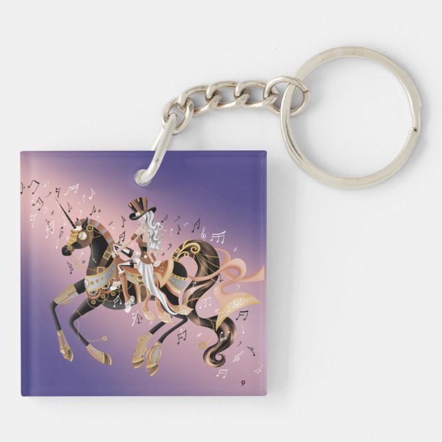 Steampunk Lady and Mechanical Horse  Keychain (Back)