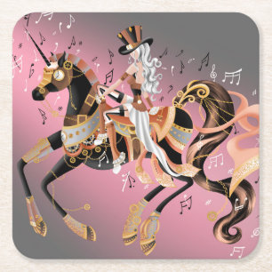 Steampunk Lady and Mechanical Horse  Square Paper Coaster